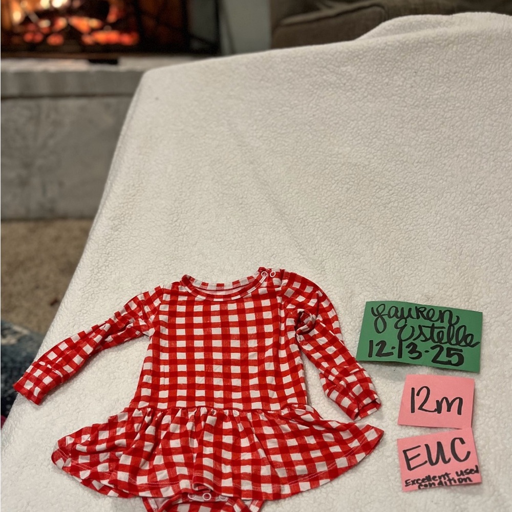 Sold- Red Checkered baby girl bamboo skirted bodysuit EUC size 12 months